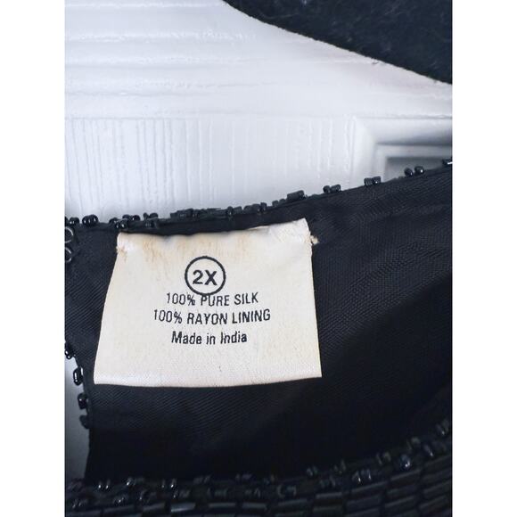 Vintage Silk Leaf Sequin Blouse 2X Black & Gold Holiday Glam 80s Retro MobWife - Picture 5 of 6